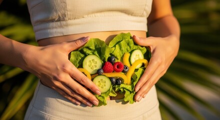 A woman holds her hands on her stomach, the concept of healthy eating and digestion.