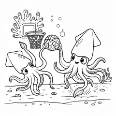 Two playful squids engaging in underwater basketball game near coral hoop