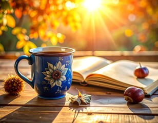 Cozy autumn scene with a mug, book, and chestnuts
