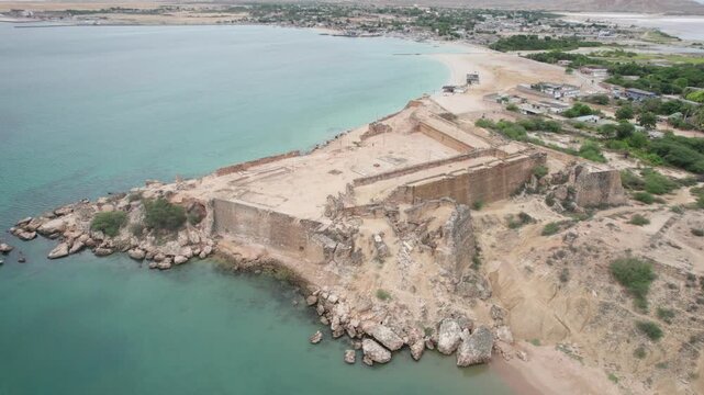 Aerial View of Araya Castle Ruins and Coastline, Venezuela