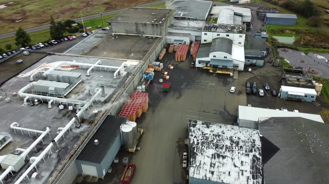 US, WA, Markham, 2025-10-28 - Drone view of the Ocean Spray Cranberry factory