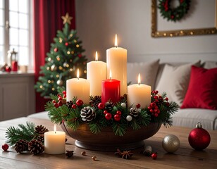 Cozy Christmas scene with lit candles and festive decorations