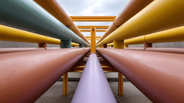 A vibrant perspective view of parallel colorful industrial pipes stretching into the distance