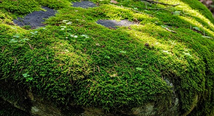 Naklejka premium Close up of Vibrant Moss Growing on a Rock in a Lush Green Garden Sunlight Highlights