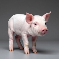 A young, pink piglet stands and looks towards the viewer with a neutral gray background