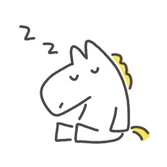 グーグー眠るかわいい線画の白馬　寝る・休憩