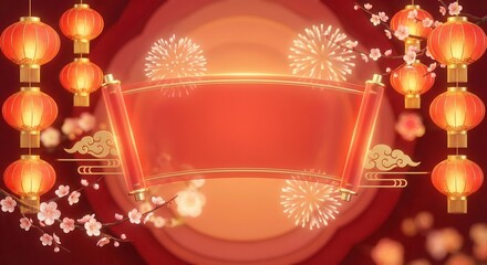 Festive Chinese New Year Banner with Red Lanterns and Fireworks.