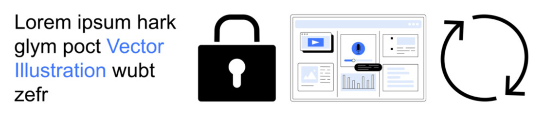 Cybersecurity, data management, synchronization, user interface, data protection, secure access. Lock icon, dashboard layout circular refresh symbol. Cybersecurity and data transfer concept
