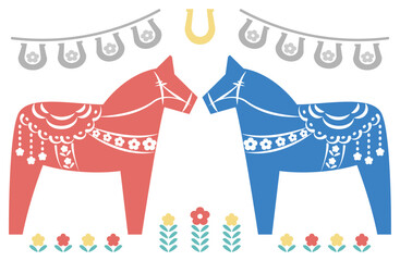 赤と青のダーラナホースのイラストと馬蹄のガーランド