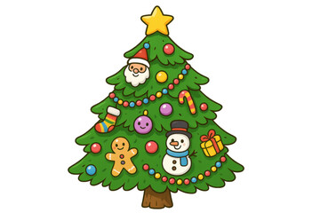 Christmas tree decorating with holiday ornaments, gingerbread man, snowman, santa claus and gifts for festive season