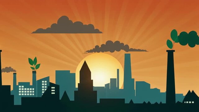 illustration of industrial cityscape with smokestacks and pollution during sunset
