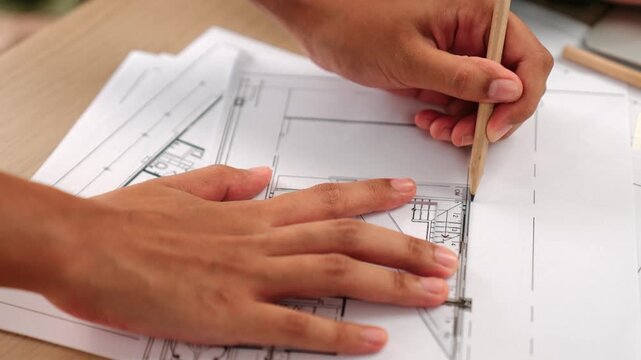 Video of clever architect or smart engineer using measurement and writing tool designing a detail on blueprint for construction accuracy at architectural office. Focus on hand. Closeup. Delineation.
