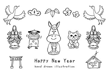 お正月イラストセット 馬・招き猫・獅子舞・門松の手描き素材