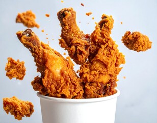 Crispy fried chicken pieces seemingly levitating from a white bucket