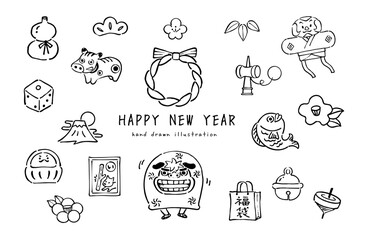 お正月イラストセット 手描きの縁起物と和風モチーフコレクション