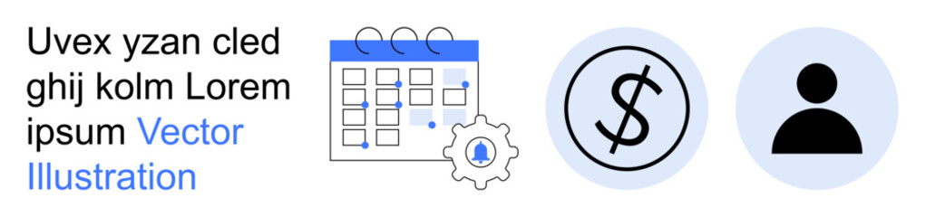 Obraz premium Business planning, financial organization, scheduling, user management, time management, productivity tools. Calendar and gear, dollar sign person icon. Planning and financial organization concepts