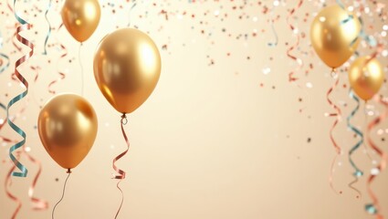 Shiny gold balloons with ribbon curls and floating confetti ideal for festive backgrounds celebration marketing and glamorous event visuals