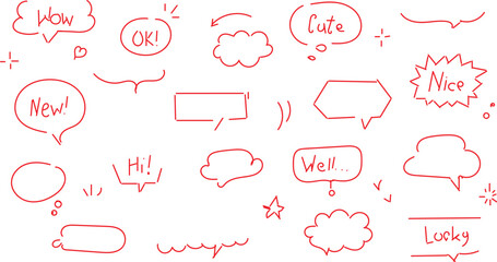  hand-drawn, doodle-style red speech bubbles and dialogue elements. 