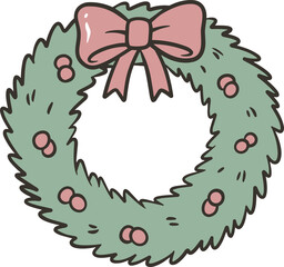 A cartoon Christmas wreath with a pink bow and berry accents