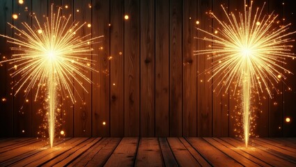 Festive twin sparkler display with glowing particles on wooden surface suited for celebration posters event branding and joyful seasonal art