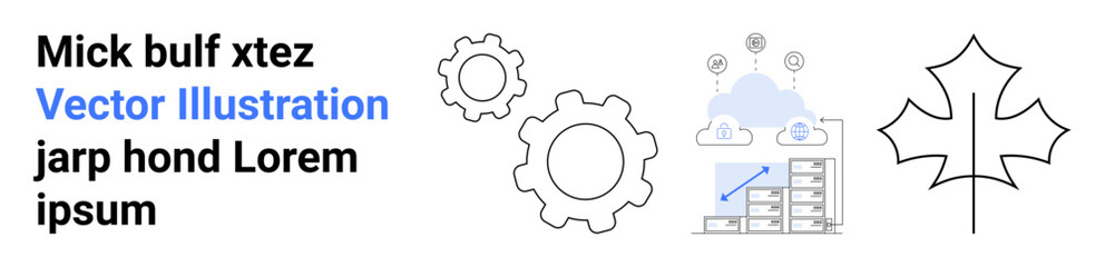 Technology, cloud computing, data management, automation, software development, innovation. Gears, server stack with cloud symbols and maple leaf design. Technology and cloud computing concepts