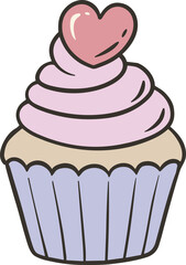 A cartoon cupcake with pink frosting topped with a pink heart decoration