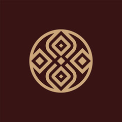 Minimalist geometric emblem inspired by traditional Asian motifs, gold symbol on deep dark maroon background, logo design, brand mark, simple and elegant