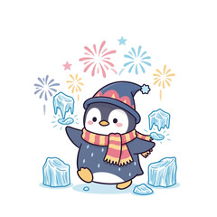 Kawaii Penguin Celebrating New Year with Fireworks