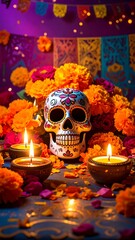 Day of the Dead celebration, decorated skull with flowers and candles