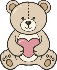 A light brown teddy bear sitting and holding a pink heart