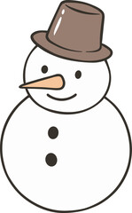 A minimalist drawing of a snowman wearing a brown hat with dark eyes a carrot nose and two dark buttons