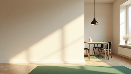 Modern minimalist space with furniture and sunlight patterns on wall suited for real estate listings architecture portfolios and lifestyle branding