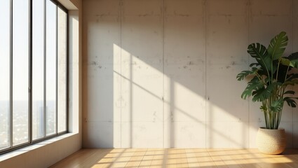 Clean modern room with textured wall potted plant and natural daylight great for architecture photography real estate ads and home styling visuals