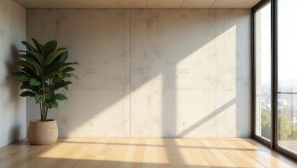 Minimalist home interior with sunlight pattern on wall representing calm lifestyle modern living and fresh interior design concepts