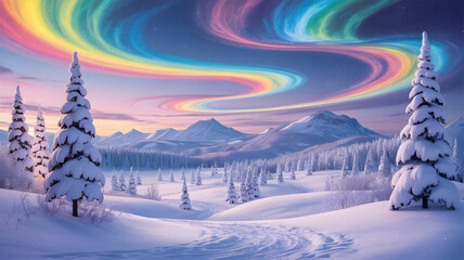 Vibrant aurora borealis dances over a snow covered winter landscape with pine trees