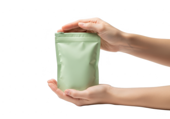 Hands holding a small green pouch isolated on transparent background