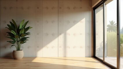 Bright natural-lit interior featuring plant and wooden flooring ideal for real estate branding modern design materials and home presentation assets