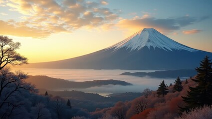 Tranquil lake and forest setting framing Mount Fuji at sunrise ideal for outdoor adventure branding travel advertisements and scenic photography