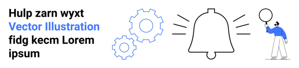 Alert bell with motion lines, gears, and person raising balloon. Ideal for notification, teamwork, communication, reminder, system, business automation simple landing page