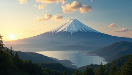 Glowing sunrise sky framing Mount Fuji with lush greenery and mountain ridges perfect for destination branding nature wallpapers and travel promotions