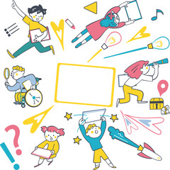 中央のコピースペースを囲む、タブレット端末を持って冒険や探究をする全学年の小学生男女と、車椅子の児童やロケットなどの未来的な学習イメージイラストセット
