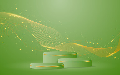 Multi-tiered green podium with elegant gold wave lines on the back for product presentation. Display of cosmetic products. Stage or podium. vector illustration	