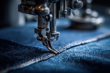 Industrial sewing machine stitching denim fabric in close-up, showcasing detailed craftsmanship and precision in textile production
