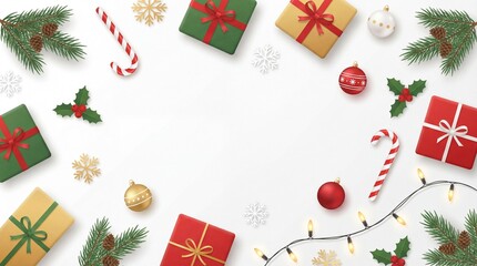 Festive Christmas Flat Lay with Presents and Pine Branches