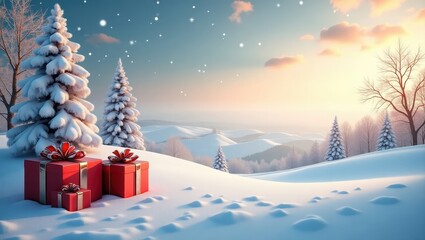 Sunlit snowy scenery with pine trees and bright red gifts ideal for festive backgrounds Christmas celebration content and seasonal advertisement