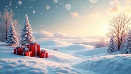 Sunrise over snowy landscape with Christmas presents representing holiday cheer winter wonderland themes and festive creative branding