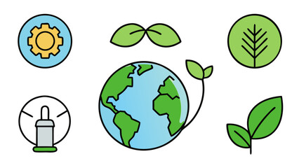 Earth Nature Care Icons Set – Eco Globe, Green Planet, Leaf Symbols, Environmental Conservation Vector Collection