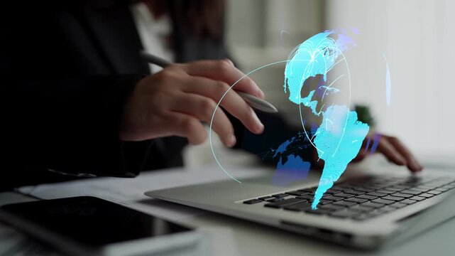 Global network connection visualization showing data exchange, digital link, worldwide communication. Global data flow and digital network infrastructure connecting regions around the world. Thunk