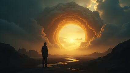 Surreal glowing sun framed by dark clouds with figure standing below suitable for storytelling covers fantasy visuals and deep emotional artwork