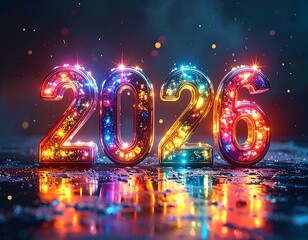Illuminated, colorful numbers set against a bokeh background, representing a future year